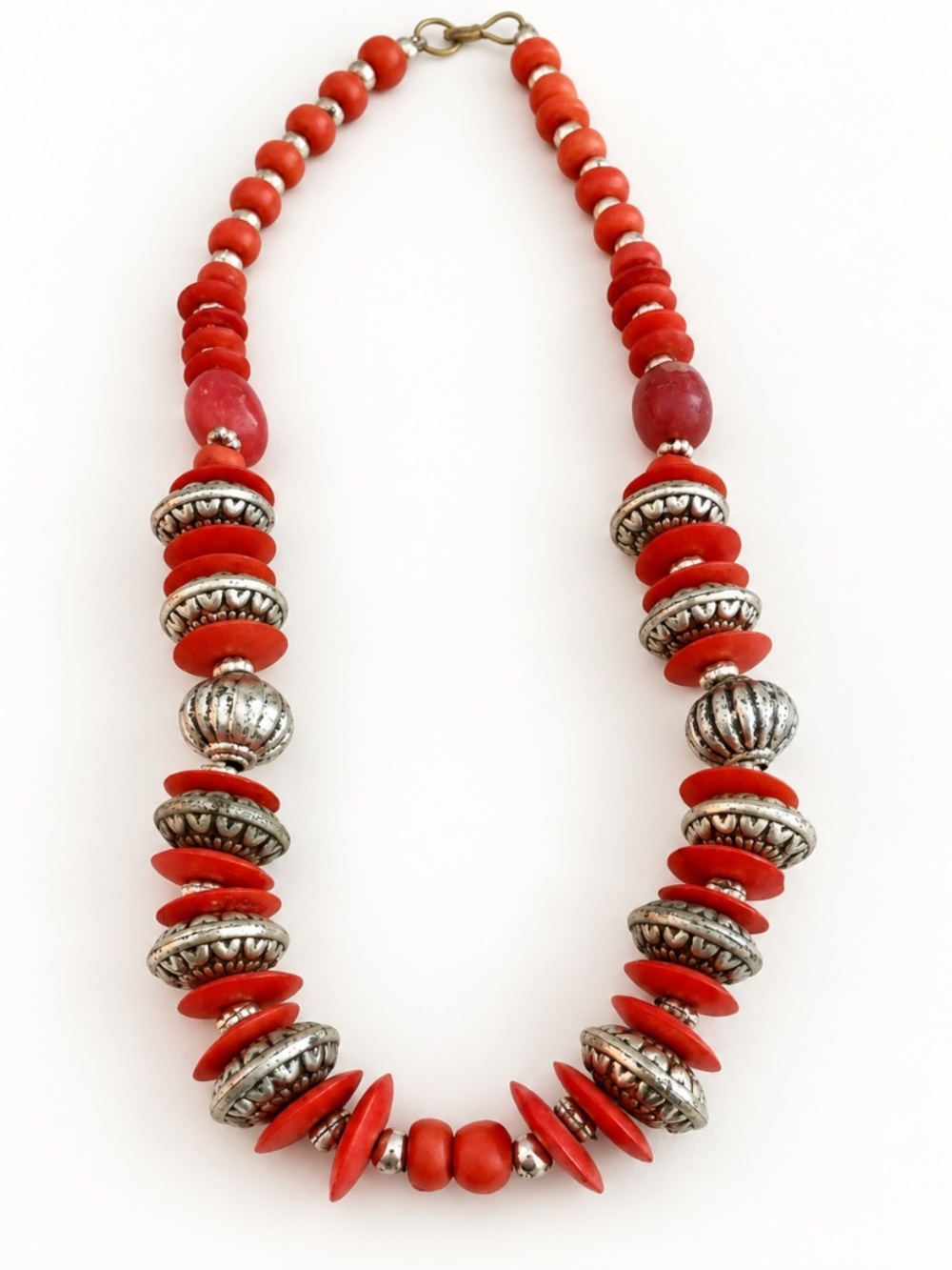 Chunky Red Coral-Look Silver-Tone Boho Statement Necklace